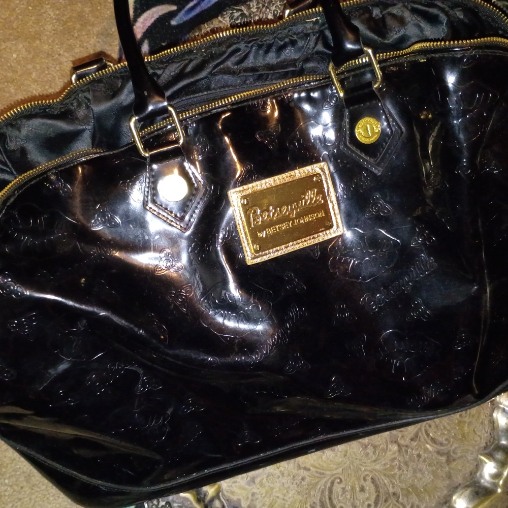 Betsey Johnson Glossy Black Tote with Gold Details